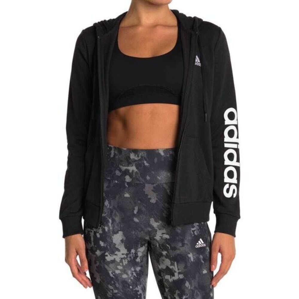 Adidas Women's essential Linear Full Zip Black Logo Hoodie S97076 SZ XS NWT
